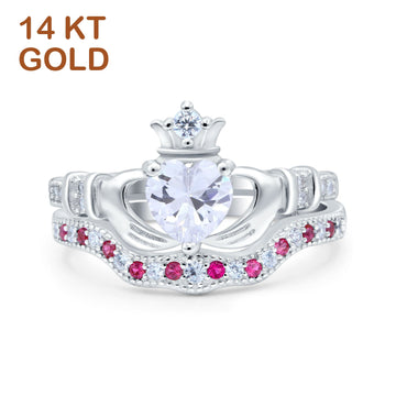 14K White Gold Claddagh Accent Heart Wedding Bridal Set Piece Ruby Simulated Cubic Zirconia Wedding Ring